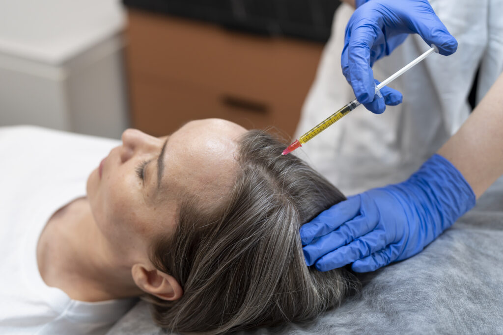 high angle patient getting stem cell for hair loss injection on scalp